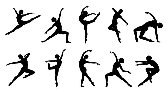 Ballet Dancers Silhouettes - Elegant Poses Black  White Vector
