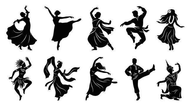 Silhouette dancers performing various traditional and modern styles in black and white