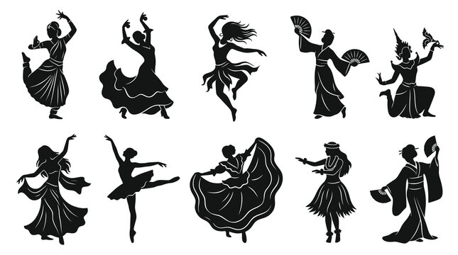 Diverse dancers in silhouette, multicultural traditional folk and ballet poses