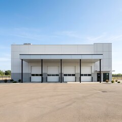 Naklejka premium A large, modern industrial building with a spacious parking lot under a clear blue sky