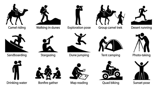 Desert Adventure Activity Icons Set: People, Camels  Outdoor Recreation Glyphs