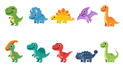 Fototapeta premium Cute Cartoon Dinosaurs Collection, Flat Vector Illustration