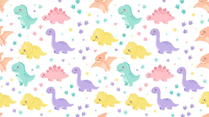 Obraz premium Cute Kawaii Dinosaur Seamless Pattern, Vector Illustration, Kids Art