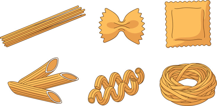 Pasta Icon Set Featuring Spaghetti, Penne, Farfalle, Ravioli, Fusilli, and Nest Noodles for Italian Cuisine, Cooking, Food Packaging, and Menu Design
