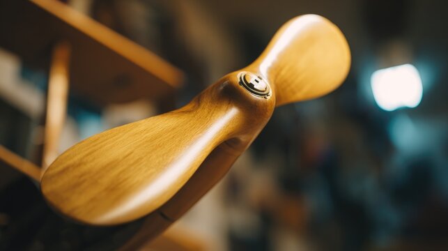 monoplane. The wooden propeller of a vintage monoplane in a quiet hangar. mobility guides, transit brochures, designed for mobility and urban transit guides, improves user orientation.