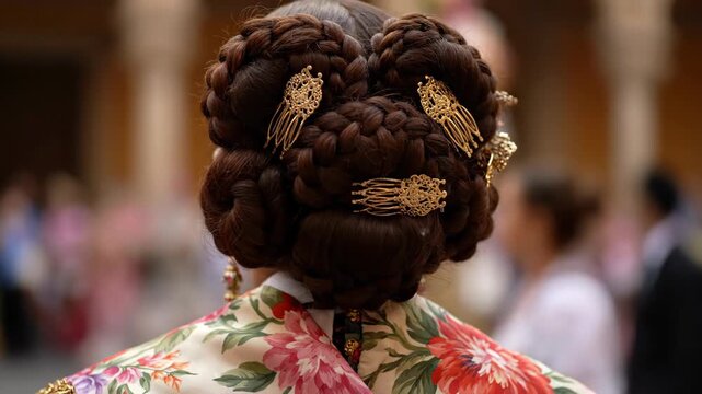 Woman in traditional floral attire with intricate braided hairstyle featuring decorative gold combs viewed from behind
