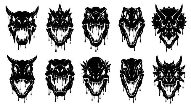 Dripping Dinosaur Monster Skulls Black  White Glyph Art Set for Gaming  Fantasy Design