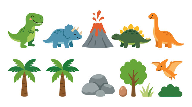 Cute Cartoon Flat Vector Dinosaurs and Prehistoric Nature Elements Collection for Kids