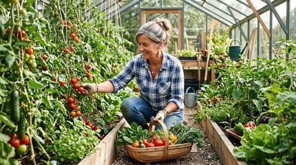 Fototapeta premium Joyful woman harvesting ripe organic tomatoes in a sunny greenhouse garden photos