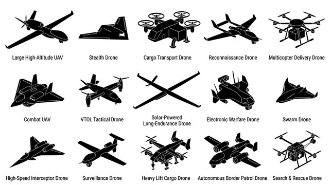 Drone UAV Types Solid Isometric Icons Set. Aviation Military Technology Remote Vehicle Glyphs