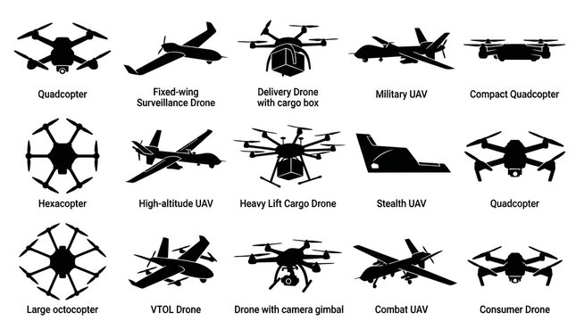 Drone Types Icons: Quadcopter, Fixed-wing, VTOL, Hexacopter, UAVs
