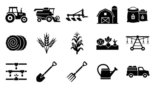 Agriculture and Farming Solid Glyph Icons Collection: Farm Machinery, Crops, Tools, Barn, Harvest Symbols