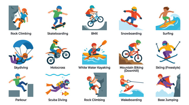 Extreme Sports Flat Vector Icons: Action, Adventure, Outdoor Activities