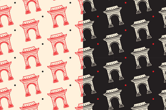Asian arch gate with dot engraving seamless pattern on beige black background set for cultural. Oriental temple arch hatching pattern background for travel. Chinese archway line art motif wallpaper