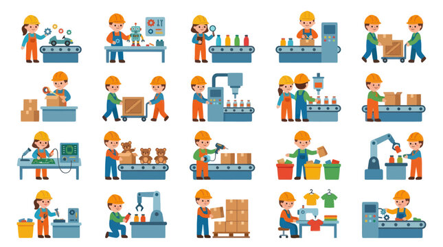 Factory workers in colorful flat style, assembly line production, robots