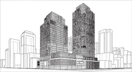 Fototapeta premium Architectural sketch of modern skyscrapers a detailed urban landscape rendering