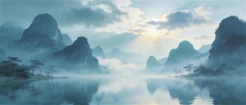 Mystical Mountainscape: A tranquil mountain landscape shrouded in mist and fog, with peaks reflected in calm waters, evoking a sense of serenity and timeless beauty.