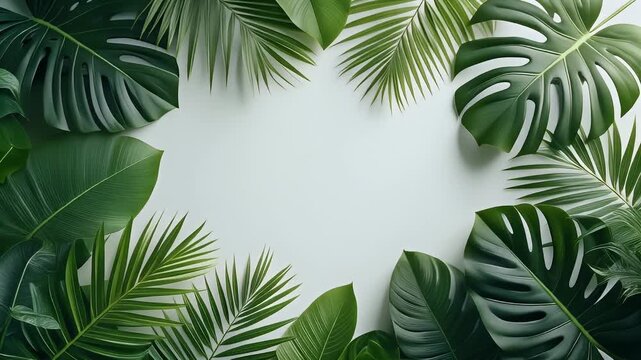 Exotic greenery background with monstera and palm leaves, nature foliage frame concept