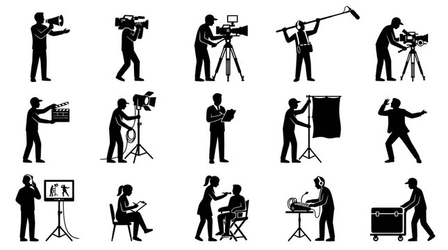 Filmmaking Production Crew Glyph Silhouettes - Movie and Video Industry Icons