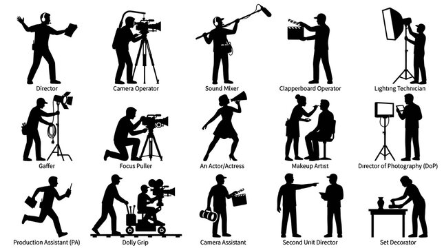 Film Crew Silhouettes: Industry  Roles, Black  White Vector