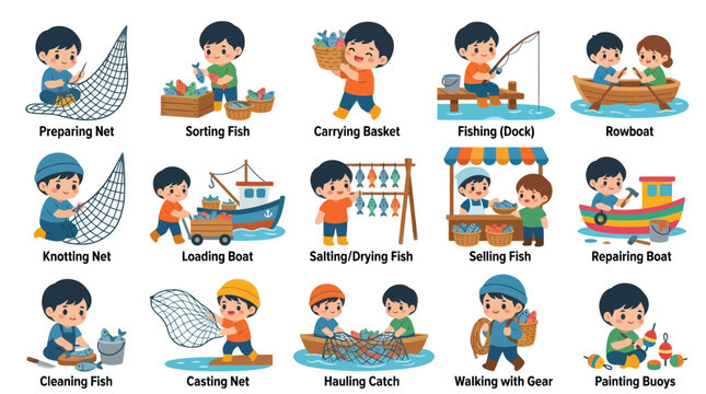 Cute Kids Fishermen Fishing Process Flat Vector Illustration Set