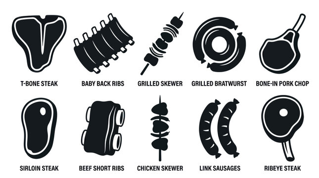 BBQ Grilling Meat Cuts Food Icons Set - Black  White Vector Glyphs  Silhouettes