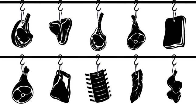Black and White Vector Icons of Hanging Meat Cuts, Butcher Shop Style