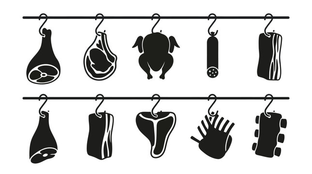 Meat cuts hanging on butcher hooks, black and white glyph icons