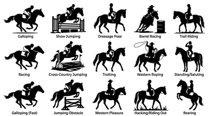 Fototapeta premium Equestrian Horse Riding Activities Sports Silhouettes Glyphs Vector Icons