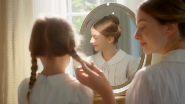 Child Fixing Mom Hair Mirror Moment