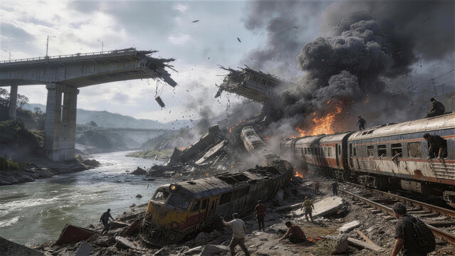 Destructive aftermath: A railway bridge lies in ruins after a catastrophic event. Debris and smoke billow around a derailed train, showcasing the destructive force of the incident.