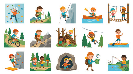 Naklejka premium Kids Outdoor Adventure Activities Camping Hiking Kayaking Rock Climbing Zipline