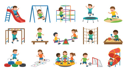 Fototapeta premium Children Playing on Playground Equipment, Flat Vector Illustration