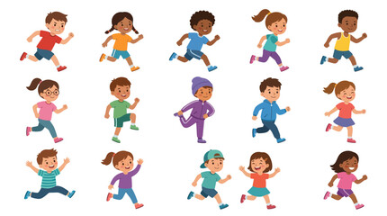 Fototapeta premium Diverse cartoon kids running, flat vector illustration, healthy lifestyle