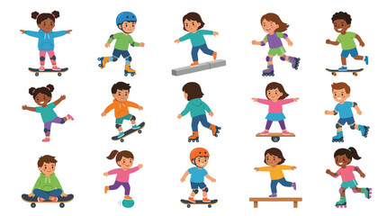 Fototapeta premium Kids Learning to Skate, Rollerblade Balance: Flat Vector Illustration Set