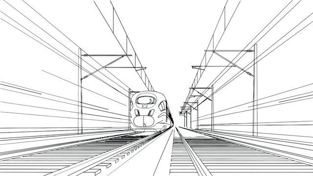 High speed train traveling on railway tracks a black and white perspective