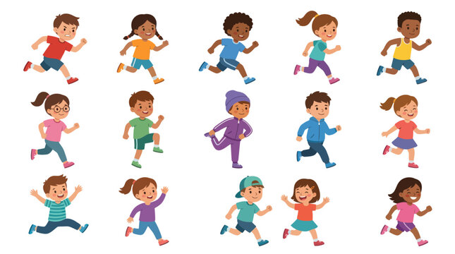 Diverse cartoon kids running, flat vector illustration, healthy lifestyle