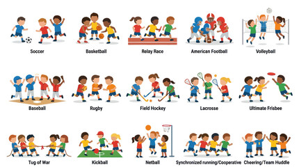 Fototapeta premium Flat Vector Illustration Set: Diverse Kids Playing Various Sports Childhood Games