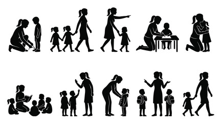 Obraz premium Childcare and Education Silhouettes: Women and Children Interaction Vector Icon Set