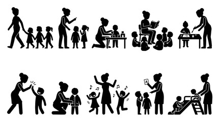 Obraz premium Kindergarten Icons: Teachers and Kids Activities, Black White Glyph Art