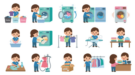 Fototapeta premium Flat illustration of a woman performing various laundry activities and dry cleaning services.