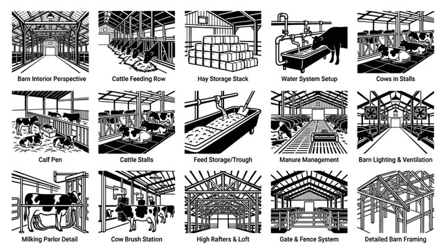 Black and White Line Art of Dairy Farm Barn Designs and Equipment