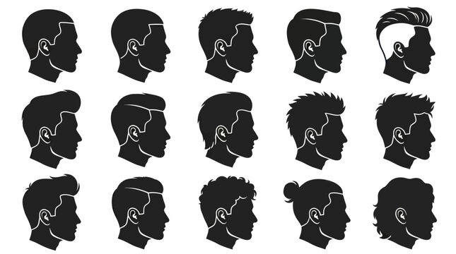 Black  White Silhouettes of Men's Hairstyles, Side Profiles, Grooming