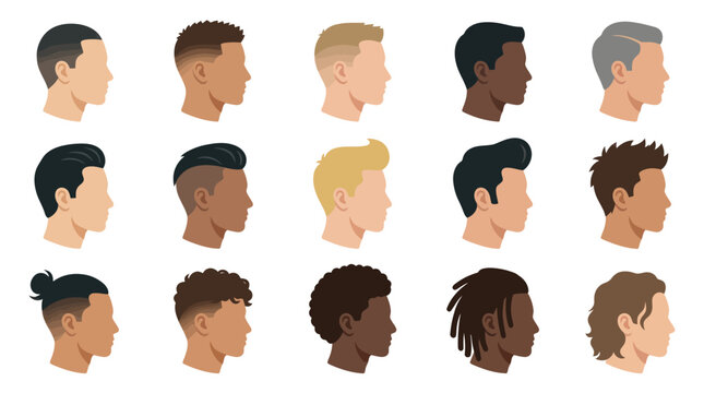 Diverse Men's Hairstyles Vector Set: Flat Design Male Head Profiles Collection