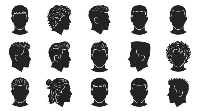 Black Silhouette Icons of Diverse Men's Hairstyles