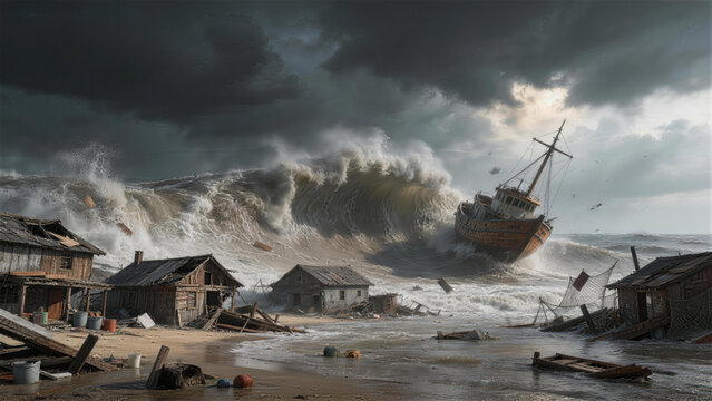 Unleashed Fury: A colossal wave crashes down upon a coastal village, engulfing homes and a ship, a stark reminder of nature's formidable power.