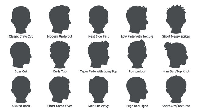 Mens Hairstyles Silhouettes - Male Haircuts, Barbershop, Grooming, Vector Art