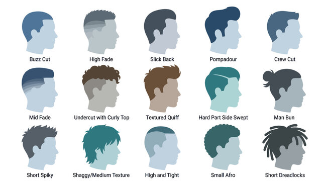 Men's Haircuts Guide: Flat Vector Illustration of Popular Male Hairstyles for Grooming