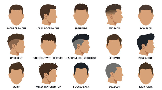 Men's Hairstyles Set: Flat Vector Illustrations of Haircuts for Males