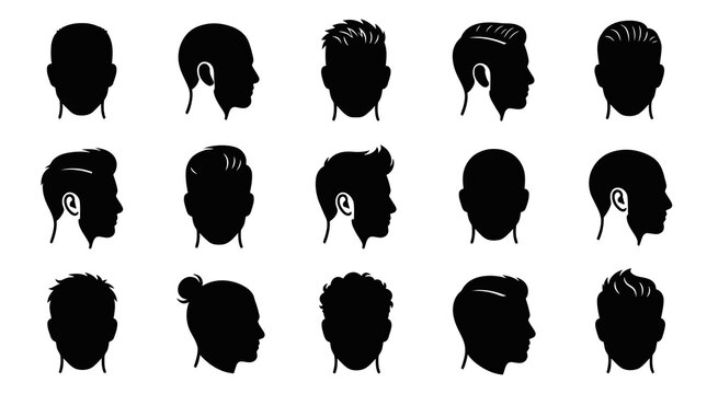 Silhouette Hairstyles Collection Vector Icons Black White Man Head